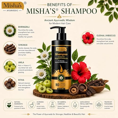 Image of MISHA'S AYURVEDIC Bhringraj Shampoo for Hair Fall Control & Hair Growth with Amla, Shikakai, Neem & Hibiscus for Dry and Damaged Hair | Sulphate Free for Men & Women 180ml (Pack of 2)
