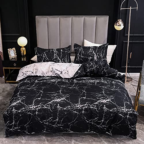 Boqingzhu Bettwäsche Marmor 220x240cm Baumwolle Schwarz Weiß Grau Bettwäsche Set Marmor Optik Wende Bettbezug 220x240cm + 2 Kissenbezüge 80x80cm mit Reißverschluss