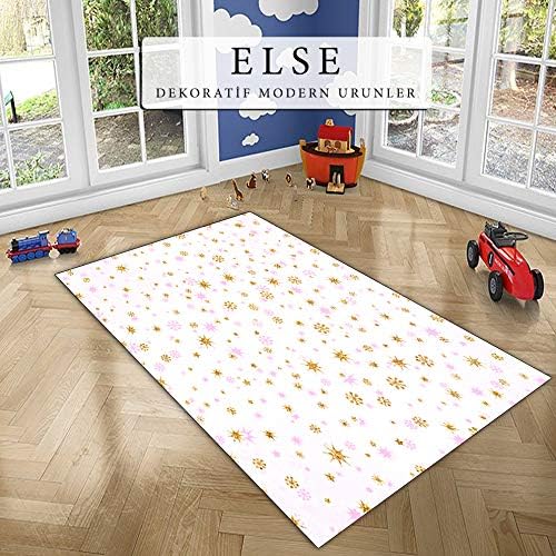 Else Yellow Stars Pink Dots Geometric Modern 3D Print Non Slip Microfiber Kids Baby Room Decorative Area Rug Mat