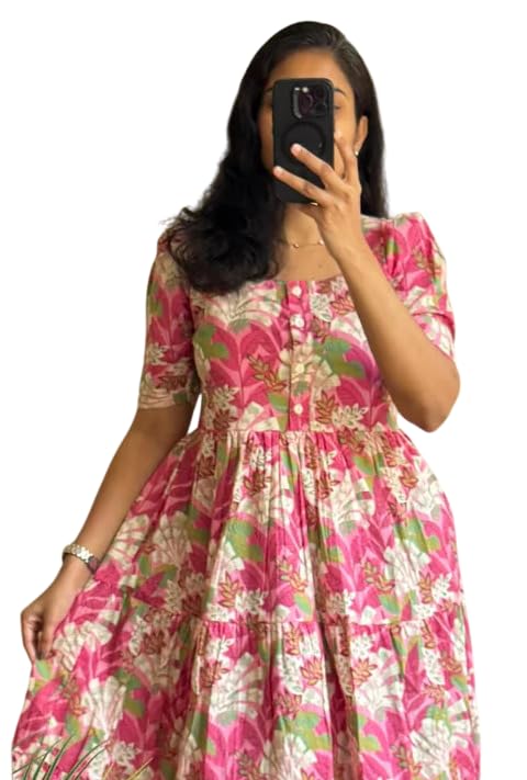 Image of Women's Cotton Blend Maxi Midi Dress Western Dress for Women Elegant Floral Printed Long Dresses