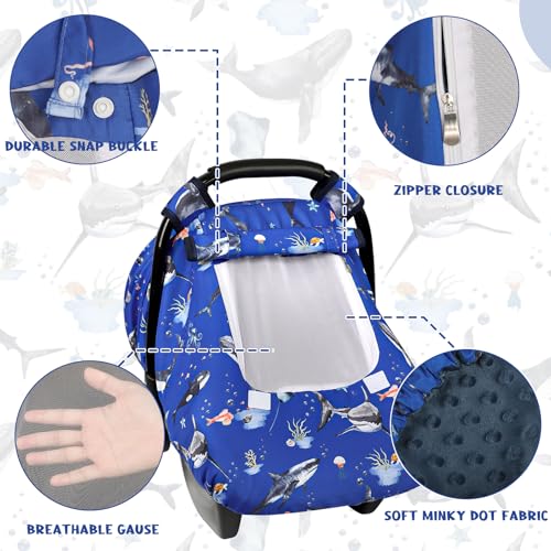 Image of Pea Pod Car Seat Cover Baby, Infant Car Seat Canopy Covers for Newborn with 2 Layers Windows of Breathable Mesh Fabric, Lightweight Polyester /Soft Minky Dot Backing (Ocean)