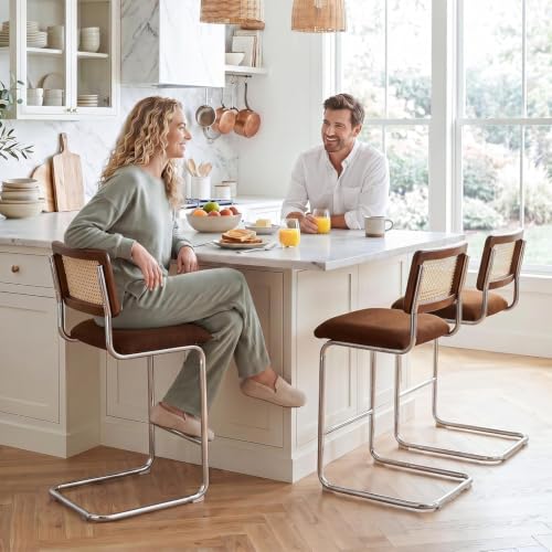 Image of Zesthouse Natural Rattan Counter Stools Set of 2, 26 inch Modern Boho Barstools | Mid Century Modern Barstools with Cane Mesh & Chrome Base, Vintage Chenille Fabric Counter Height Chairs for Kitchen, Brown