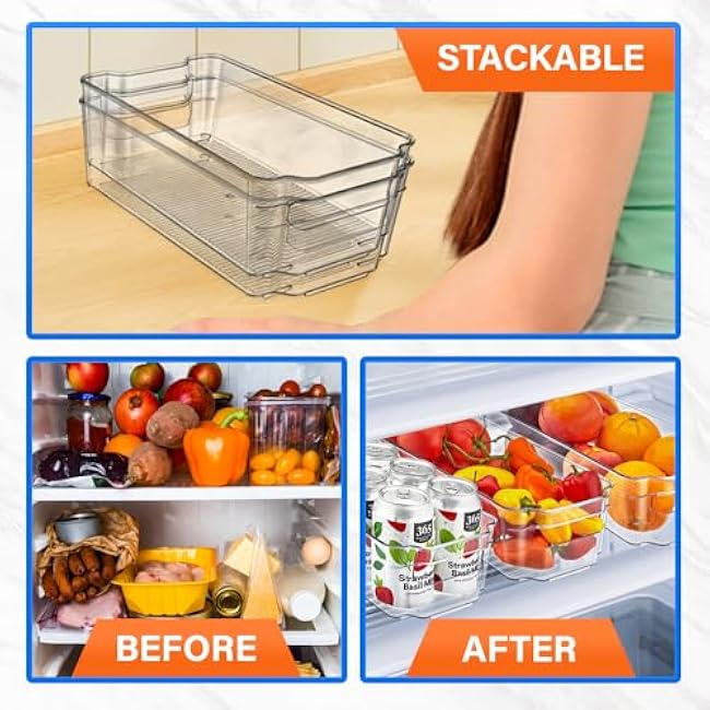 Multi-Purpose Refrigerator Bins - 4 Pieces Usable And Stackable Design Fridge Bin Organizer With Easy Grip Handles - Clear