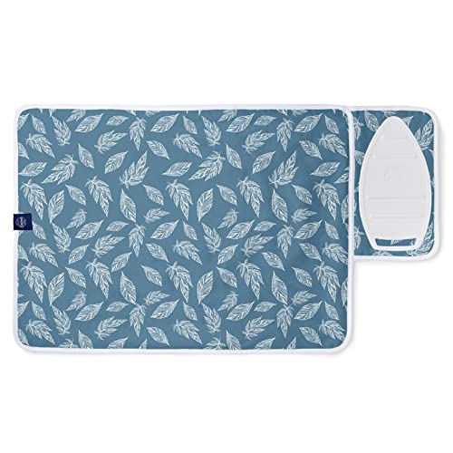 Image of Encasa Homes Ironing Mat /Pad (Small 28 inchx20 inch) with 3mm Padding & Silicone Iron Rest for Steam Pressing on Tabletop or Bed - Heat Resistant, Portable, Quilting & Travel Blanket - Big Leaves Blue