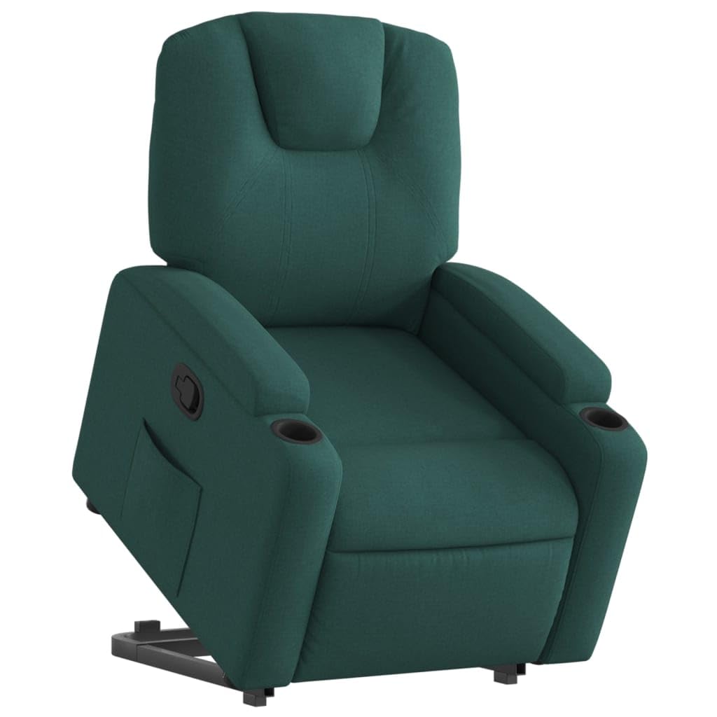 Sillón elevador reclinable verde oscuro de tela con motor eléctrico y función manual, asiento acolchado y estructura estable, cómodos portavasos y bolsillo lateral