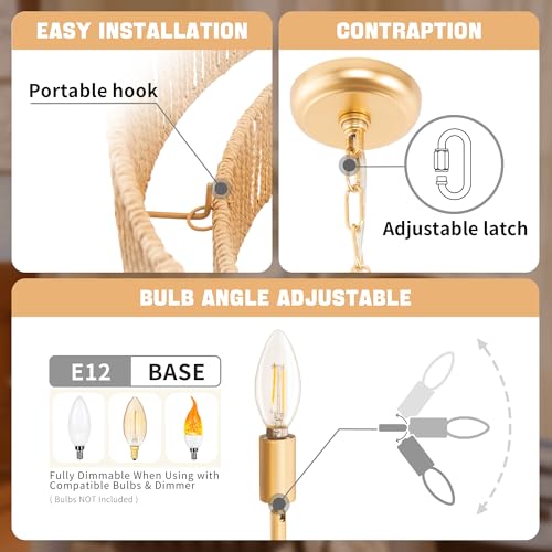 DORESshop 8-Light Boho Rattan Chandelier for Dining Room, 5-Tier Hand-Woven Brown Farmhouse Chandelier, Adjustable Height, Wicker Rattan Chandelier for Dining Room, Kitchen Island, Living Room, 25.6