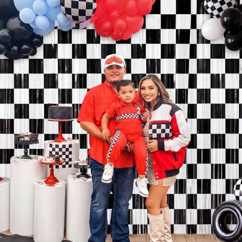 Image of Tiamon 2 Pack Race Car Party Decorations 3.3 x 6.6 Ft Foil Fringe Curtains Backdrop Black and White Checkered Tinsel Streamers Photo Booth for One Happy Dude Birthday Party Supplies