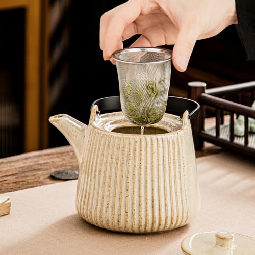 Image of Yundu Ceramic Teapots for Tea, 1000ml /33.8oz Tea Pot with Infusers for Loose Tea, Striped Tea Pot with Removable Tea Infuser - Reactive Cream