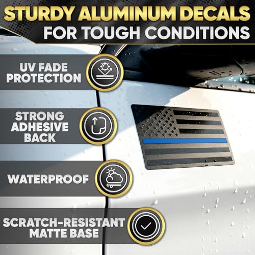 Image of 3D Black American Flag Decal for Car with Blue Line | Embossed Aluminum - 1 Pair 5 inchx3 inch Matte Black Brushed Metal | UV-Proof Rust-Free US Flag Stickers for Car, Truck, SUV, Motorcycle, Laptop, Mailbox