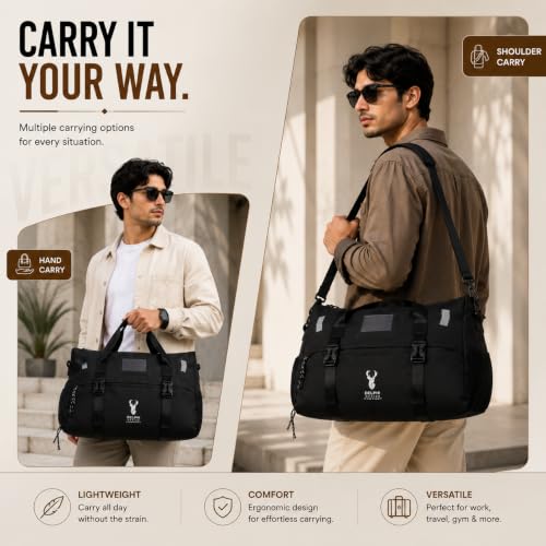 Image of Delphi Design Waterproof Gym & Travel Duffel Bag for Men & Women | Multi-Compartment Weekender Bag with Shoe Compartment, Dry-Wet Separation & Yoga Mat Holder | Black