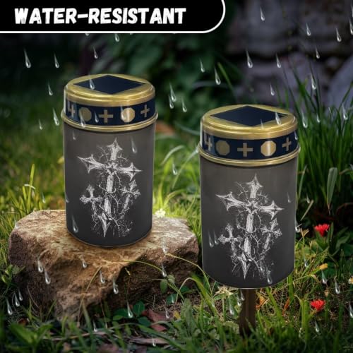 Image of Poceacles Solar Powered Outdoor Lights Cemetery Solar Memorial Lights Outdoor Waterproof Landscape Candles for Yard Patio Lawn Home Decor, Cross Print Black, Set of 6