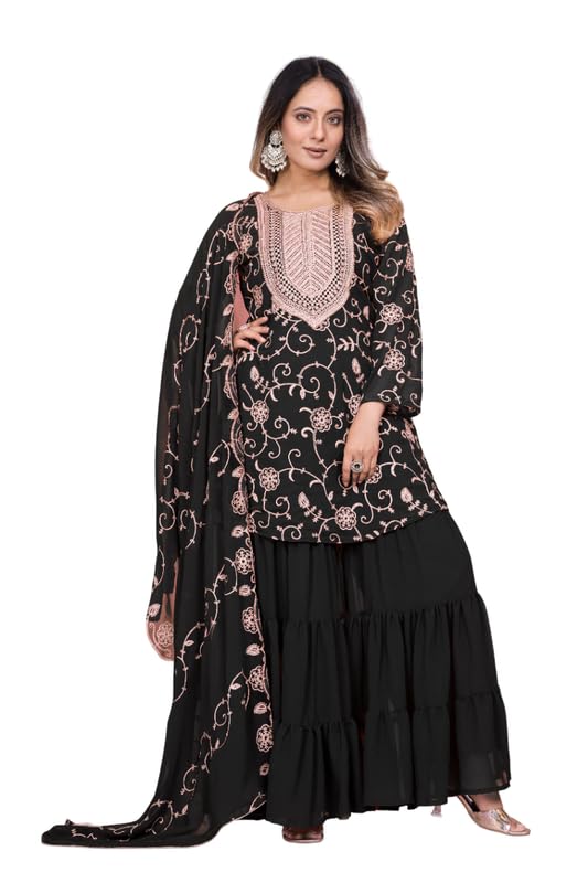 Women’s Fox Georgette Printed Embroidery Work Round Neck 3/4 Sleeve Straight Regularfit Kurti and Sharara with Dupatta Set