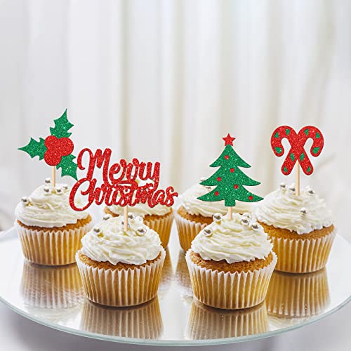 Ambishi 24Pcs Glitter Christmas Cupcake Toppers, Winter Holiday Cake Toppers Home Party Decor Christmas Party Supplies Favors, Xmas Holiday Winter Toothpicks Cake Decorations Birthday Party Supplies #TOP4