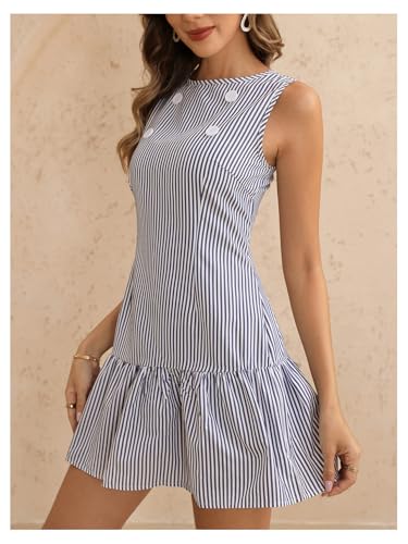 Women's Striped Ruffle Mini Dress Elegant Sleeveless Crew Neck Work Office Dresses3