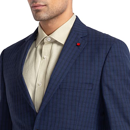 Image of Raymond Men's Contemporary Fit Poly Wool Blend Notch Lapel Checks Pattern Full Sleeve Dark Blue Formal Suit