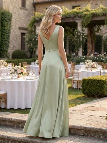 Image of Ever-Pretty Women's Summer Satin V Neck Formal Wedding Guest Dress Floor Length Empire Waist Bridesmaid Dresses with Pockets