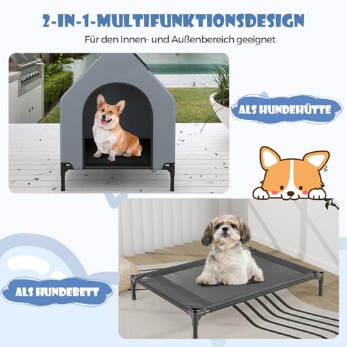 COSTWAY 2 in 1 Hundehütte & erhöhtes Hundebett, Hundeliege Outdoor, Haustierhaus mit atmungsaktivem Netzgewebe & Abnehmbarer Abdeckung, Hundehaus für kleine Hunde, Oxford, Grau (64 x 91 x 86 cm)