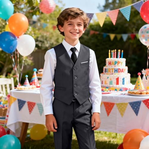 Image of Baby Boy Formal Suit for Toddler Infant Tuxedo Dress Suits | Little Gentleman, Wedding Ring Bearer Outfit, Vest Pants Long-Sleeve Shirt Tie, Birthday Party Christmas Prom, Classic