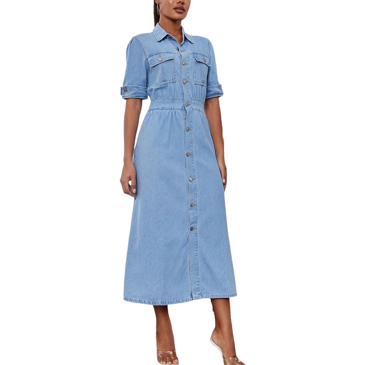 Lässiges, langes Jeanskleid für Damen, kurzärmelig, Knopfleiste vorne, A-Linie, Jeanskleid