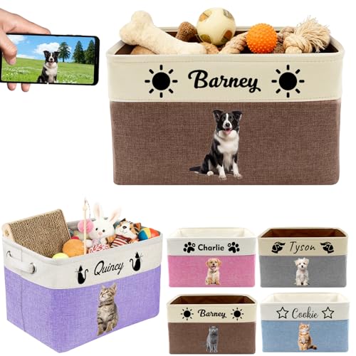 Sastridft Personalized Dog Toy Basket Custom Collapsible Dog Food Storage Bin With Name Photo Customizable Storage Box For Living Room Bedroom Car Trunk
