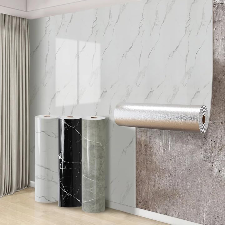 Swehooirt 3 Roll Self Adhesive Thermal Wallpaper 2.3mm Thick White Marble Vinyl Peel and Stick Wallpaper for Bad Cold Walls Insulating Wall Covering Roll Waterproof Damp Proof Bathroom Kitchen — image 1