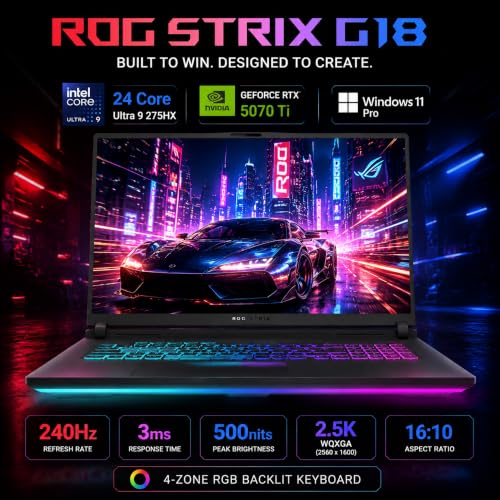 Image of ASUS ROG Strix G18 Gaming Laptop, GeForce RTX 5070 Ti 12GB GDDR7, 18 inch 2.5K ROG Nebula 240Hz Display, Intel 24-Core Ultra 9 275HX, 64GB DDR5 RAM, 4T SSD, RGB Keyboard, WiFi 7, Win 11 Pro, W /Accessories