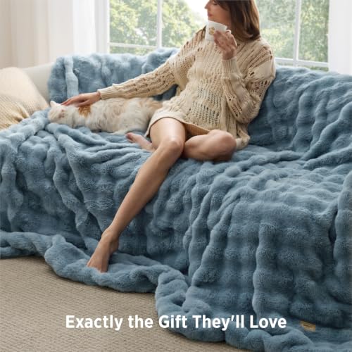 Image of Bedsure GentleSoft Bubble Faux Fur Blankets Queen Size, Fluffy Fuzzy Queen Blanket for Bed, Soft Cozy Faux Fur Bedding for Winter, Thick Warm Plush Bed Cover, Greyish Blue, 90x90