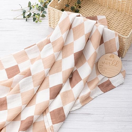 Image of BabyWhale Muslin Swaddle Blankets for Boys & Girls Unisex, 2-Pack Viscose from Bamboo Cotton Large Baby Swaddle Blankets (47 inch x 47 inch), Bear & Checkered Coffee Pattern