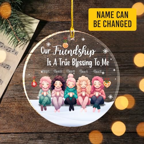 Friendship True Blessing Clear Plastic Ornaments, Christmas Decorations Personalized Name Five Girls Wear Sweater Hat with Chocolate Cup Acrylic Ornaments, Gifts for Sister Friends Bestie Siblings2