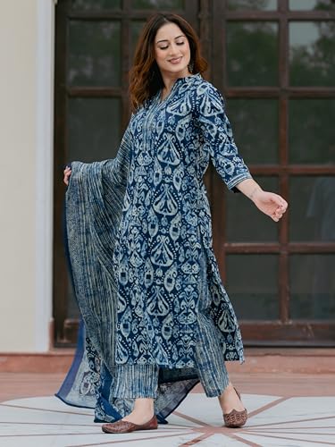 Image of Arayna Women's 100% Pure Cotton Ikat Printed Ethnic Straight Kurta Pant and Dupatta Set for Women
