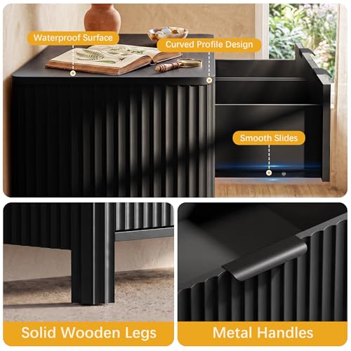 Image of Wodeer 6 Drawer Black Dresser for Bedroom, 47 inchW Wood Storage Cabinet with Fluted Design, Modern Chest of Drawers & TV Stand for Living Room, Nursery Clothing Organizer with Metal Slides, Anti-Tipping