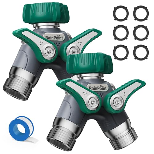 RAINPOINT Garden Hose Splitter 2 Way Heavy Duty, 3/4'' Connector Water Hose Bib Y Spigot Splitter with Shut-Off Valve, 100% Metal Body Outdoor Water Faucet Adapter Fittings (2 Pack)