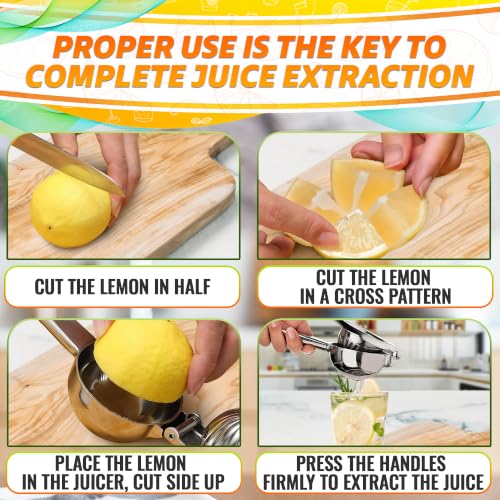 Image of Manual Stainless Steel Lemon Squeezer - Extract More Juice from Lemons, Limes & Small Citrus - Handheld Juicer with Built-In Strainer, Threaded Groove for Home, Chefs & Bartenders