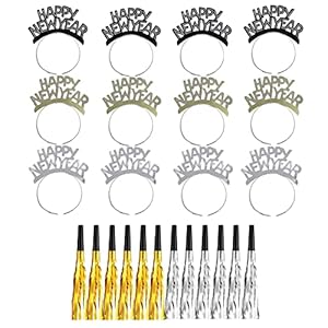 24 Pieces New Years Eve Party Supplies 2026,Happy New Year Headband Tiara,Metallic Fringed Noise Makers Gold Sliver for Kids and Adults