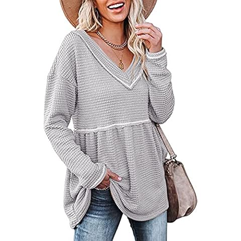 BTFBM Women Waffle Knit Shirts Long Sleeve V Neck Relaxed Fit Blouses Casual Peplum Tunic Babydoll Flowy Swing Tops, Solid Grey, Medium Cover