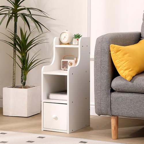 Rainbow Tree Narrow Bedside Table White with Drawer&Open Shelf, Slim Table Cabinet 20cm for Small Space, Nightstand End Side Table for Bedroom (White, 20Wx30Dx60H cm)
