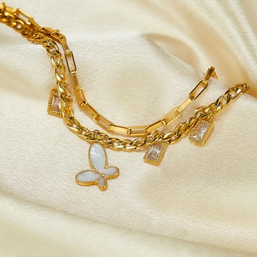 Fashion 18K Gold Plated Stainless Steel Cubic Zirconia Butterfly Charm Bracelet Stack Rectangular Link Chain Bracelet4