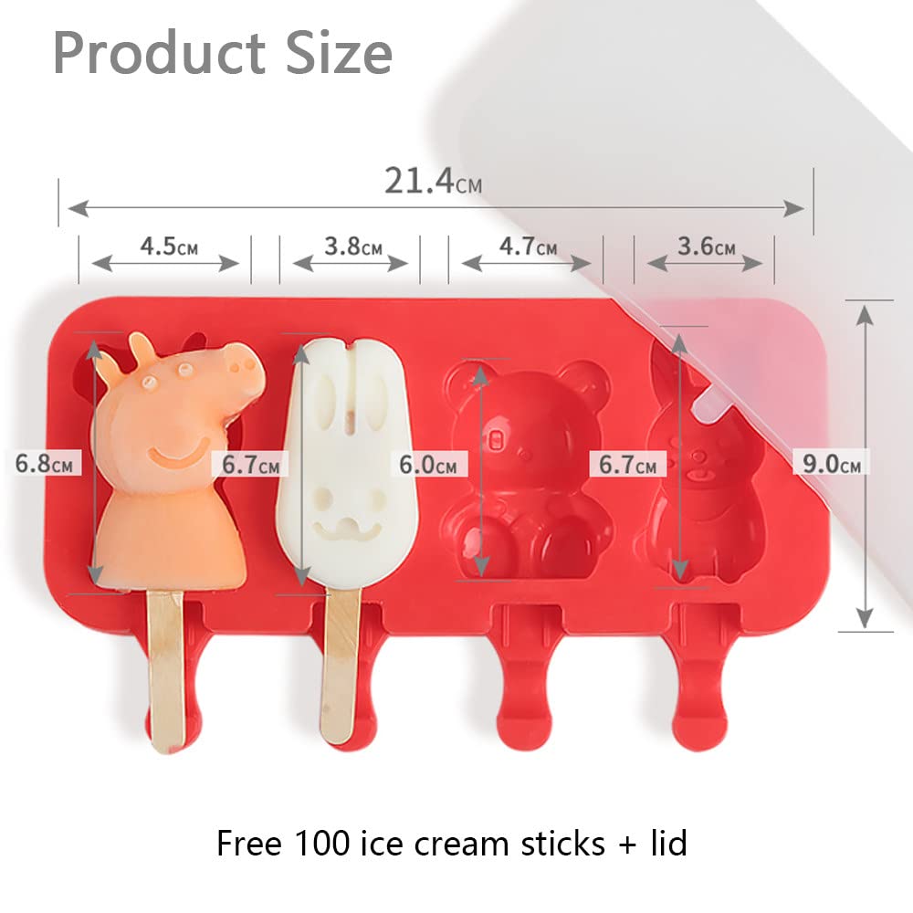 FAXIOAWA Moldes para paletas de Hielo Moldes para paletas de Silicona 4 cavidades Molde para Helado casero Reutilizable Silicona Suave, Molde para Pasteles para paletas de Hielo DIY,Rojo