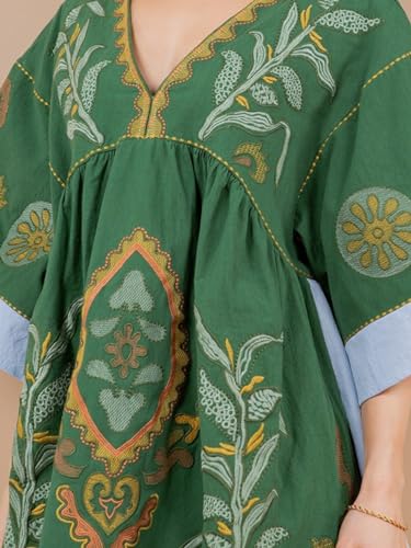 Image of Joiemont Womens Oversized Embroidered Dress with V-Neck and 3 /4 Sleeves Vintage Embroidery Babydoll Dress