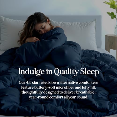 Image of ROYALE LINENS Comforter - Queen Size Duvet Insert - All Season Soft Quilted Comforters with 8 Corner Tabs - Down Alternative Bedding Comforter - Box Stitched Duvet Insert (Navy, Queen 88 inchx88 inch)