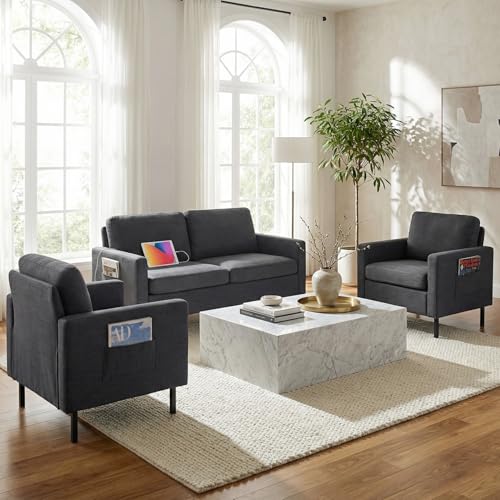 Image of STHOUYN Modern 3-Piece Living Room Set, 56 inch Grey Sofa Loveseat with USB Ports, Small Couch and Chair Set for Small Space, Apartment, Office (Grey, 2 Chairs + 1 Loveseat)