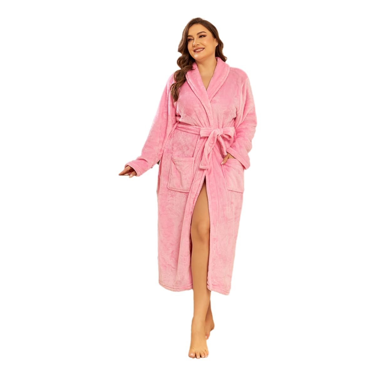RONGTAI Fleece Womens Bathrobe, Long Plush Robes for Women, Two Side Pockets and Belts, Warm and Cozy (Pink, XL), X-Large