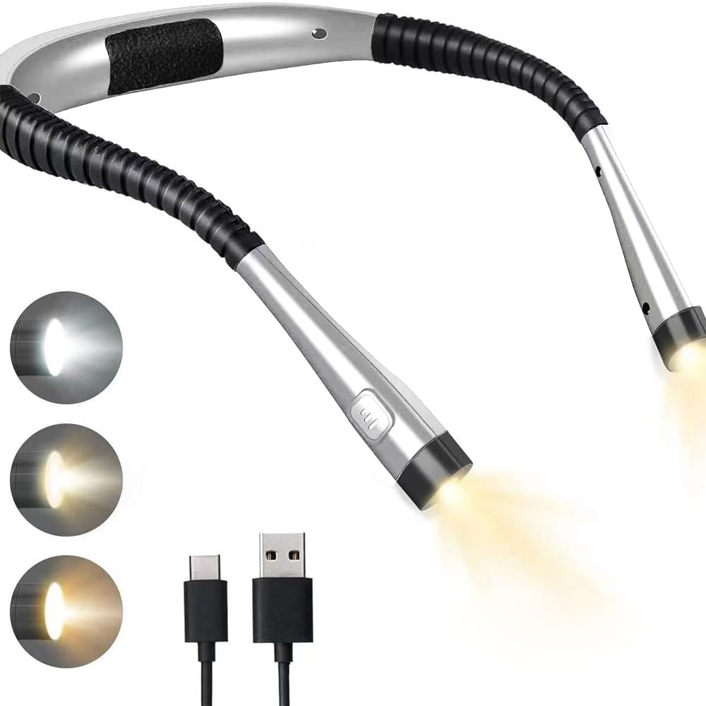 Luz de Lectura Cuello, Luz Lectura Libros Cama Recargable, Luz para Leer Libros con 3 Colores Modos Protección Ocular y 3 Brillos, Recargable & Larga Duración, Ideal para Tejer, Reparar, etc.(Plata)