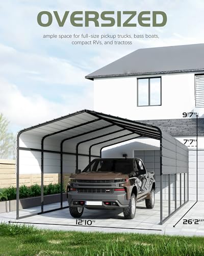 Image of Garveelife 13 ft x26 ft x11 ft Oversized Metal Carport, Steel Heavy Duty Carport for All-Weather, Permanent Shelter for Boats, Pickup Trucks, and Tractors, N.W. 780 LBS
