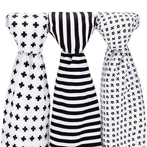 Image of Muslin Baby Swaddle Blankets, 47x47 (3 Pack) Black, White, XO, Stripe, Cross
