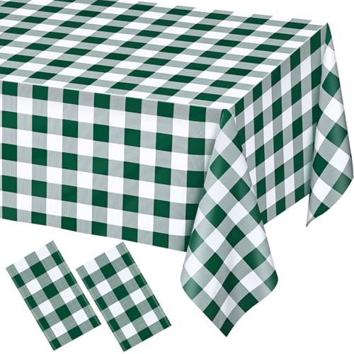 Image of WNINK 2 Pack Green and White Checkered Rectangular Plastic Tablecloths, Green Gingham Waterproof Disposable Table Covers 54 inch x 108 inch for Birthday, Wedding, Outdoor Picnic Camping Parties