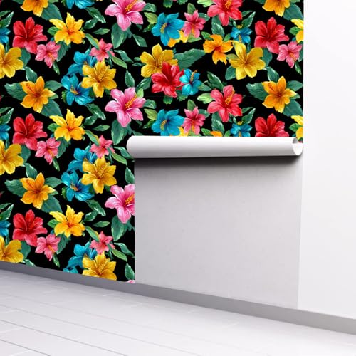 Image of Spring Summer Tropical Hibiscus Wall Decals, Colorful Hawaiian Floral Peel and Stick Wallpaper for Home Refresh, Spring Cleaning Mural, Mother's Day Decor, 39.37x15.75 Inch