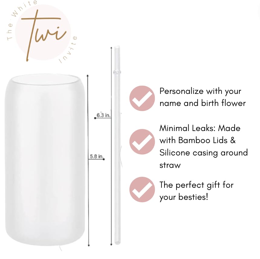 Miniatura 4 de Personalized Tumbler Set with Straw Birth Flower Custom Glass Cup with Lid, Bridesmaid Proposal Ideas for Women (Birth Flower Frosted)