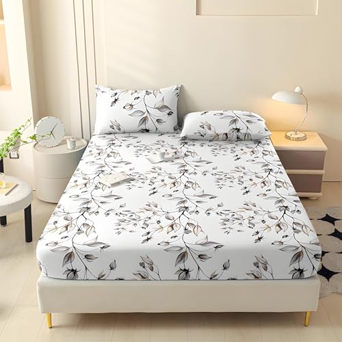 Sabana Bajera 180x200 Hojas Sabanas Bajeras Estampadas Plantas Sábana Bajera Ajustable Suaves, Elastico Funda Colchon con 2 Funda Almohada 50x80 cm, para Colchón de 30cm de Altura