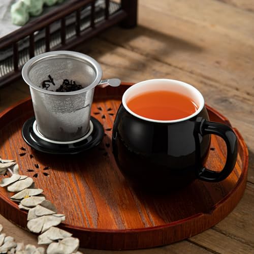 Image of Yundu 12 OZ Brilliant Black Ceramics Teacup with Infuser and Lid, Mug with Lid for Steeping - Stainless Steel Infuser for Loose Leaf Tea, Home Office Gift for Tea Lovers